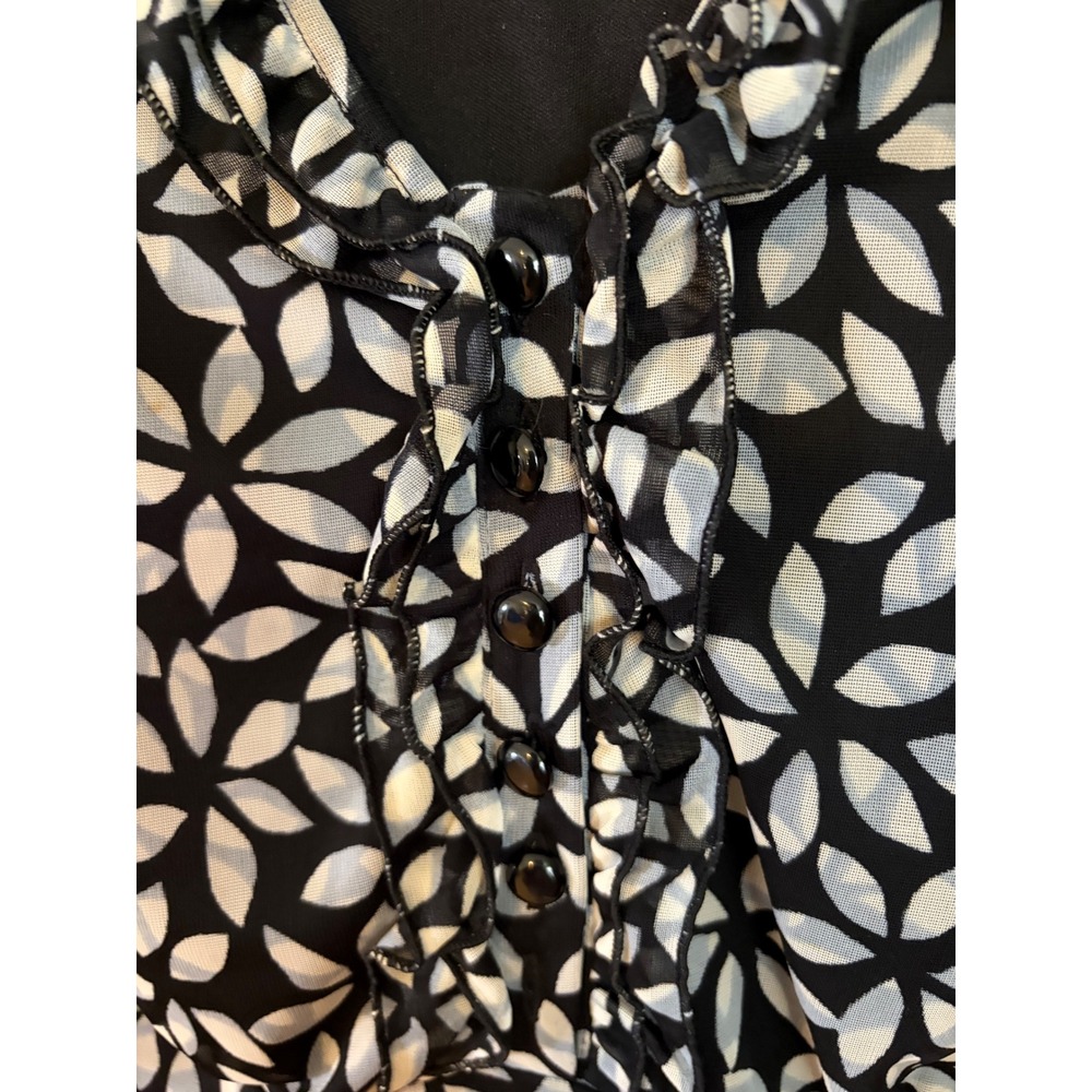 Studio 1940 Womens Black White Leaf Print‎ Mesh Ruffle Neck Blouse Plus 14/16W
